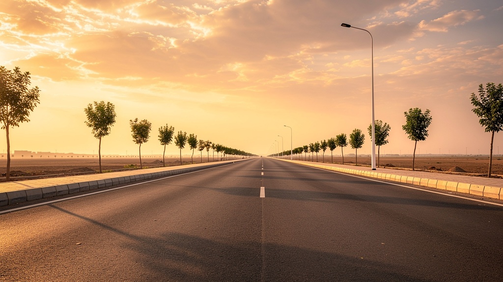 Golden hour light on an empty road in Dholera