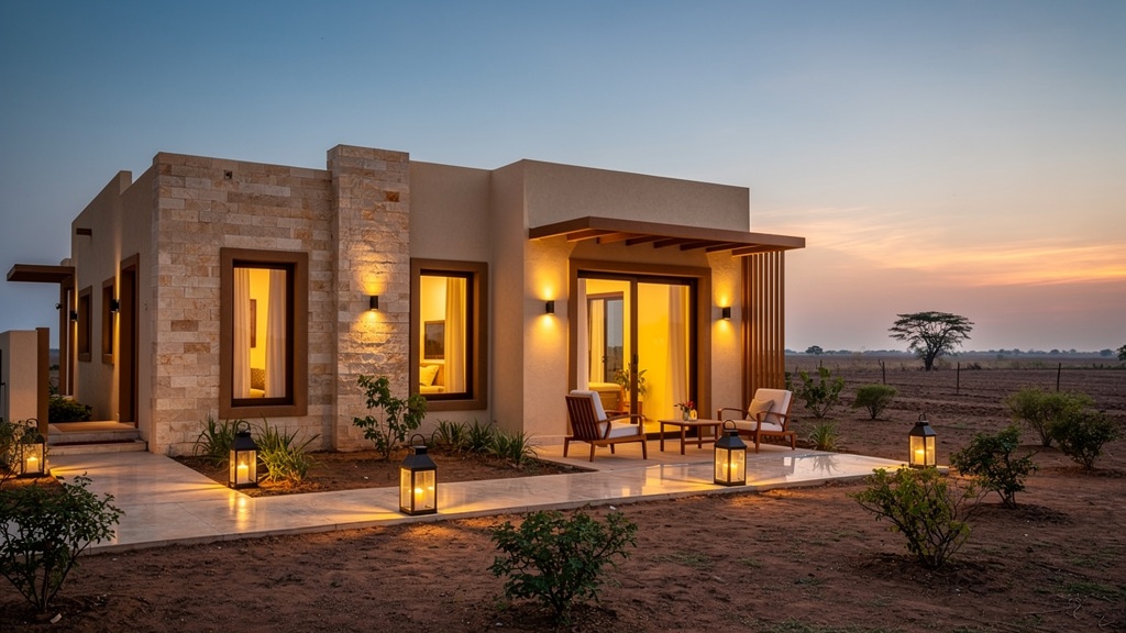 Calm evening accommodation setting near Dholera in Gujarat