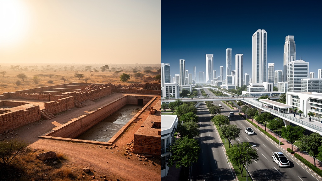 Ancient Lothal ruins contrasted with a modern smart city skyline