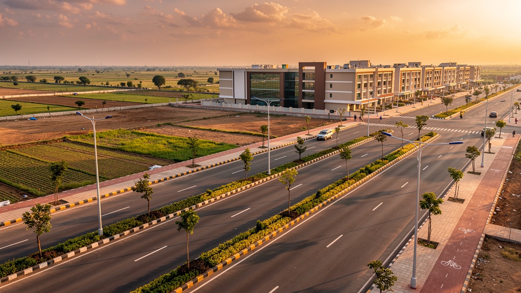 Scenic view of Dholera, Gujarat — wide roads, open horizon, and the emerging smart city landscape
