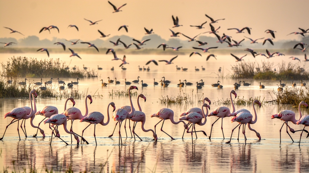 Flamingos and waterbirds at Nalsarovar