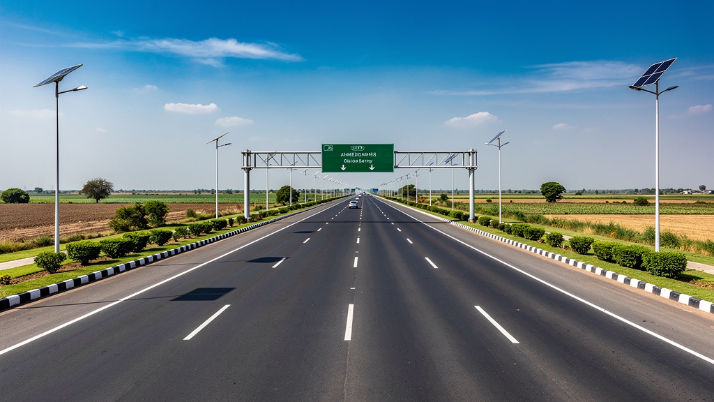 The Ahmedabad–Dholera Expressway with overhead sign gantries