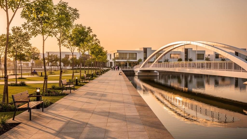 The Canal Front promenade at golden hour in Dholera